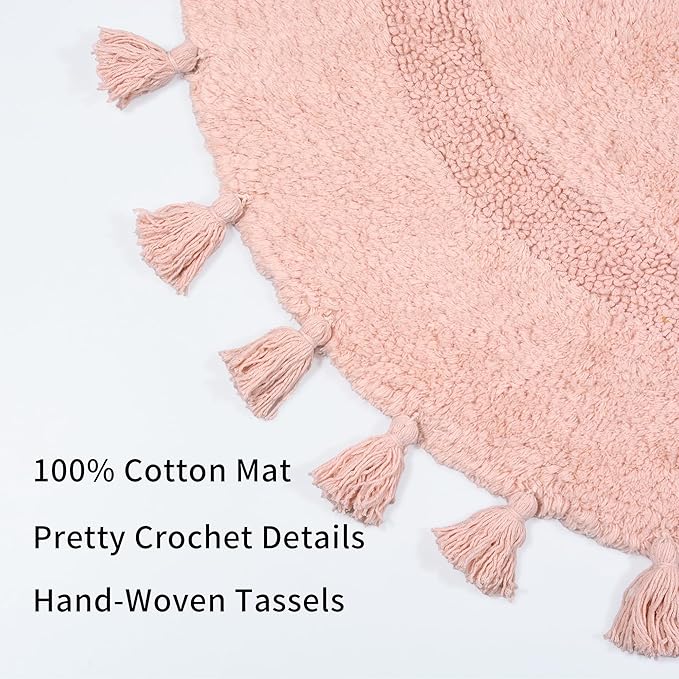 Half Circle Boho Bathroom Rugs with Tassels 100% Cotton Hand-Woven Bath Mat Non Slip Absorbent Bath Rugs with Rug Pad Washable Boho Bath Mat Carpet for Tub, Shower 20"x32",Pink