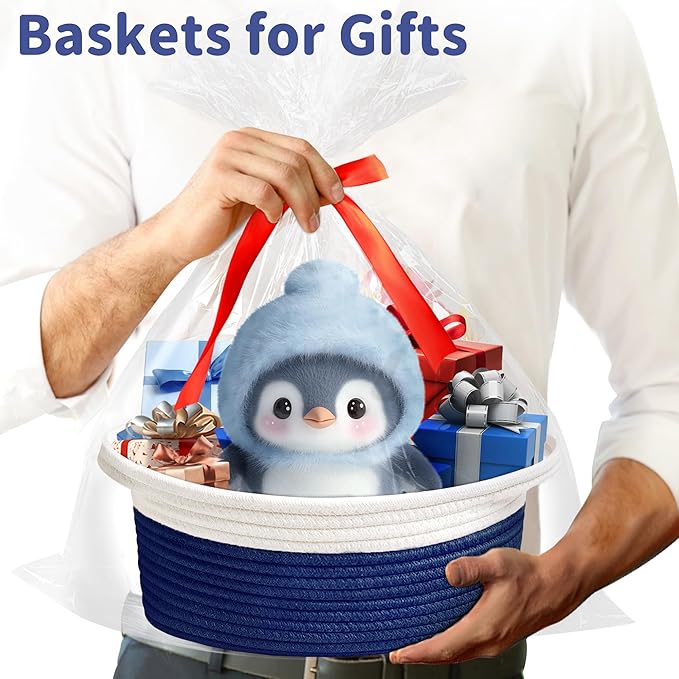 Small Woven Basket with Gift Bags and Ribbons Cute Baskets for Gifts Empty 12"x8"x5" Small Rope Toy Basket for Babies Baskets for Storage, White & Navy Blue