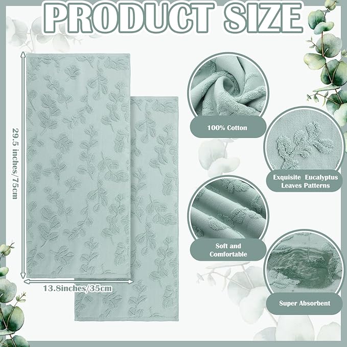 2Pcs Eucalyptus Leaves Hand Towels for Bathroom 100% Cotton Jacquard Weave Bath Towel Set Absorbent Dish Washcloth for Bathroom Kitchen Summer Theme Gifts 13.8 x 29.5 Inch (Sage Green)