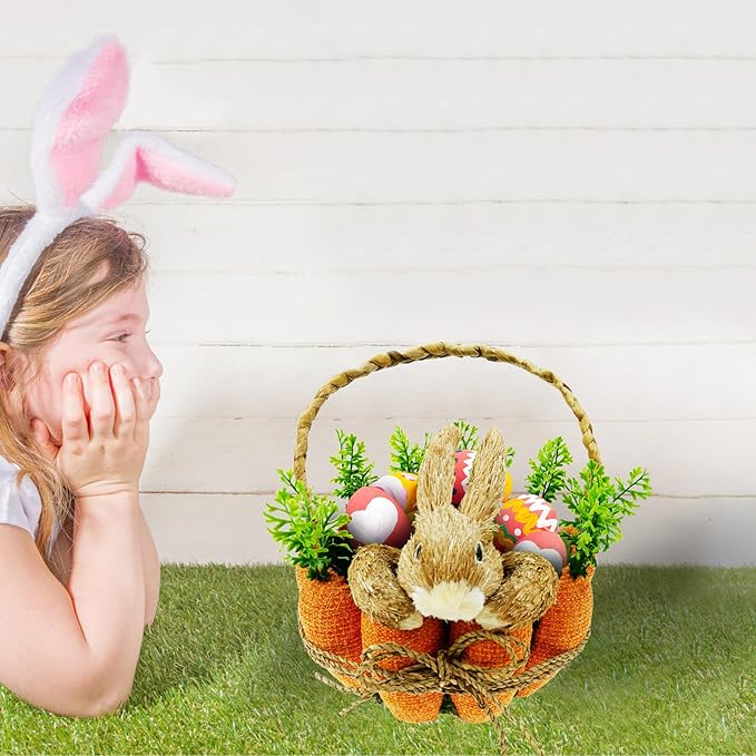DearSun 11" H*8" Dia Easter Straw Bunny Basket with Carrot Ornaments Easter Egg Hunting Basket Rabbit Handicrafts Basket for Kids Spring Party Supplies Garden Decoration