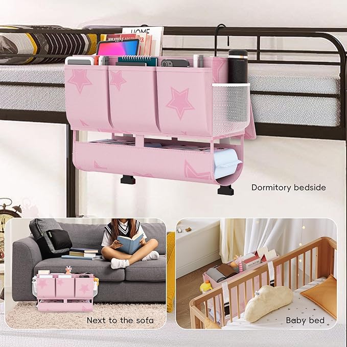 Bedside Caddy Bedside Organizer, Bed Storage Caddy with 7 Pockets, College Dorm Rooms Bag for Bunk, Home, Dorm, Hospital, Crib Bed(Pink)