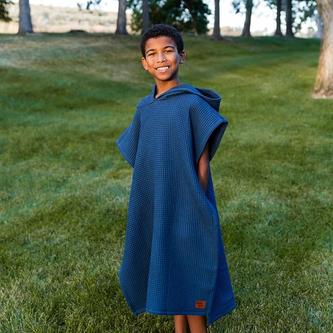 Jade&Kai Hooded Towel for Kids | Snaps into a Poncho | Organic Cotton Waffle | Lightweight and Absorbent | Bath, Beach, and Pool | Multiple Colors | (Medium (3-6 Yrs), January Aqua)