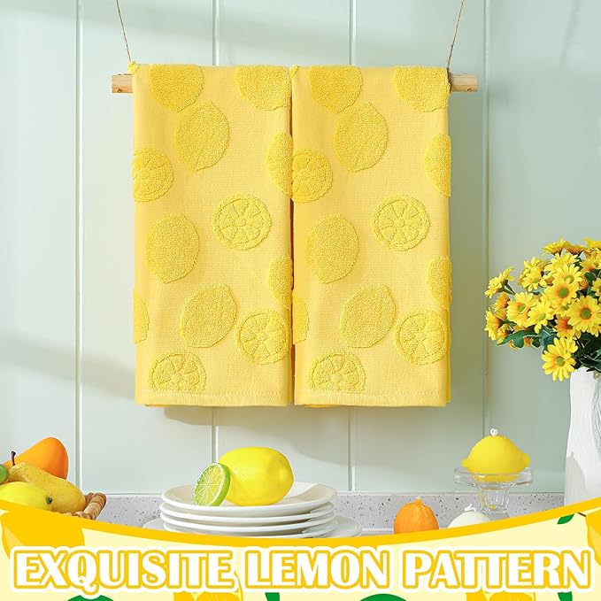2 Pcs Lemon Hand Towels for Bathroom 100% Cotton Jacquard Weave Bath Towel Set Soft Absorbent Dish Washcloth for Bathroom Kitchen Tropical Theme Gifts 13.8 x 29.5 Inch (Lemon Yellow)