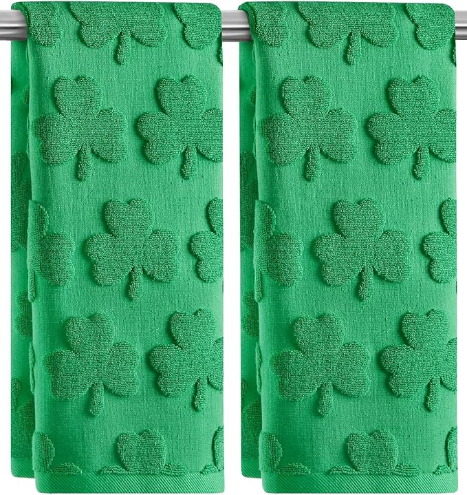 2 Pack St. Patrick's Day Hand Towels Kitchen Dish Towels Spring Green Clover Shamrocks 100% Cotton Soft Absorbent Decorative Bathroom Towels Set for Home Decor Clean, 13.7'' x 29.5''