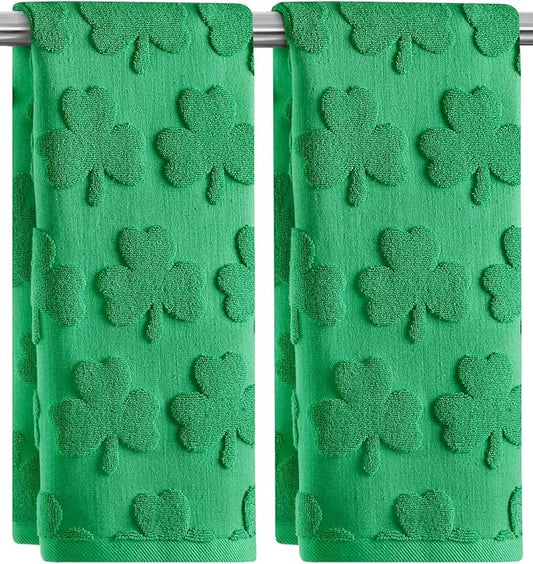 2 Pack St. Patrick's Day Hand Towels Kitchen Dish Towels Spring Green Clover Shamrocks 100% Cotton Soft Absorbent Decorative Bathroom Towels Set for Home Decor Clean, 13.7'' x 29.5''