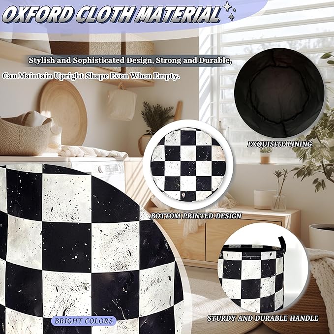 Funny White Checkered Laundry Basket Foldable Retro Black Squares Laundry Hamper With Handle Oxford Cloth Portable Clothes Storage Basket Laundry Bag 18.9"x16.5" For Laundry Room/Bedroom/Bathrooms