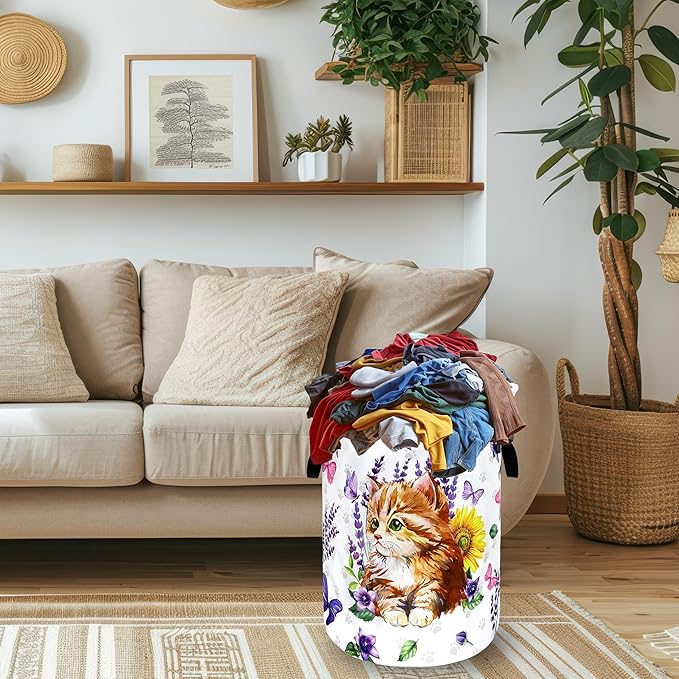Cute Cats Laundry Basket Foldable Purple Flowers Butterfly Laundry Hamper With Handle Oxford Cloth Portable Clothes Storage Basket Animal Laundry Bag 18.9"x16.5" For Laundry Room/Bedroom/Bathrooms