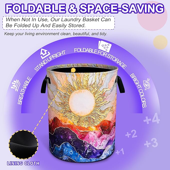 Sun Ocean Wave Laundry Basket Abstract Art Oxford Cloth Laundry Hamper Funny With Handle Foldable Portable Clothes Storage Basket 18.9 X 16.5 Storage Bag For Laundry Room/Bathroom/Bedroom/Dormitories