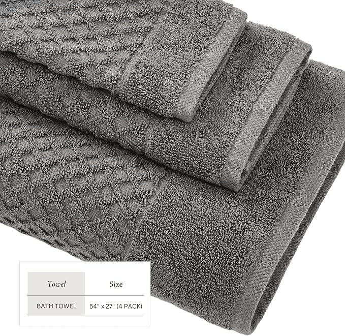 Great Bay Home Bath Towels - 100% Cotton 4 Pack 54x27 Bath Towel Set - Absorbent, Durable, Quick-Dry Towels for Bathroom (Dark Grey)