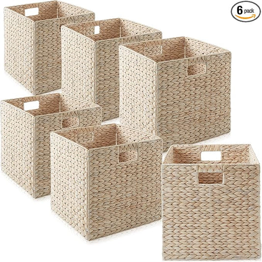 Casafield 13" x 13" Hyacinth Storage Baskets, Whitewash - Set of 6 Storage Organizers, Woven Wicker Cubes for Bathroom, Bedroom, Laundry, Shelves