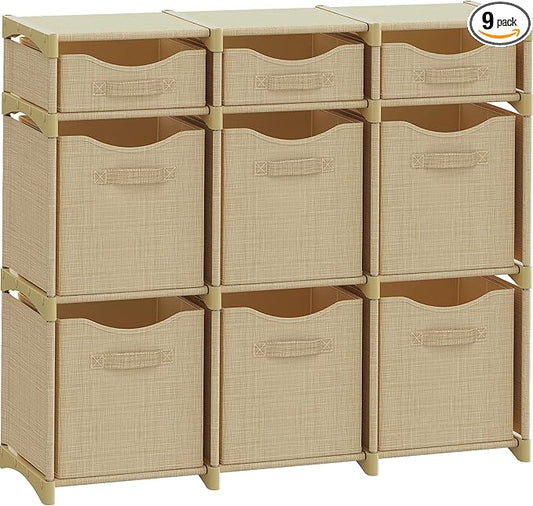 9 Cube Storage Organizer With Bins Included - Closet Storage With 9 Storage Bins - Easy To Assemble Storage Unit With Drawers - Closet Organization For Clothes, Bedroom, Nursery, & Toys (Beige)