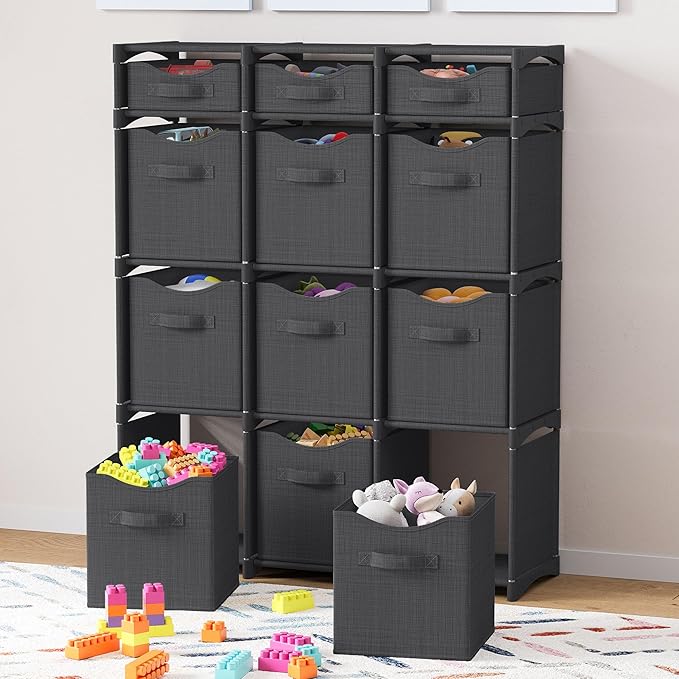 12 Cube Storage Organizer With Bins Included - Closet Storage With 12 Storage Bins - Easy To Assemble Storage Unit With Drawers - Closet Organization For Clothes, Bedroom, Nursery, & Toys (Dark Grey)