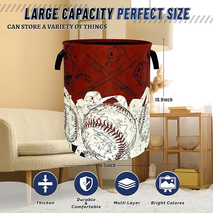 Red White Retro Baseball Laundry Basket Foldable Baseball Funny Laundry Hamper With Handle Oxford Cloth Portable Clothes Storage Basket Laundry Bag 18.9"x16.5" For Laundry Room/Bedroom/Bathrooms