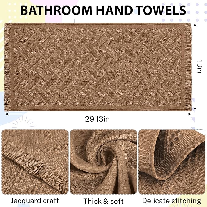 4-Pack Brown Luxury Decorative Bathroom Hand Towels – 13"x29.1" Boho Bath Hand Towels Set with Jacquard Weave & Fringe, Cotton Absorbent Soft Face Towels for Kitchen/Bathroom/Farmhouse