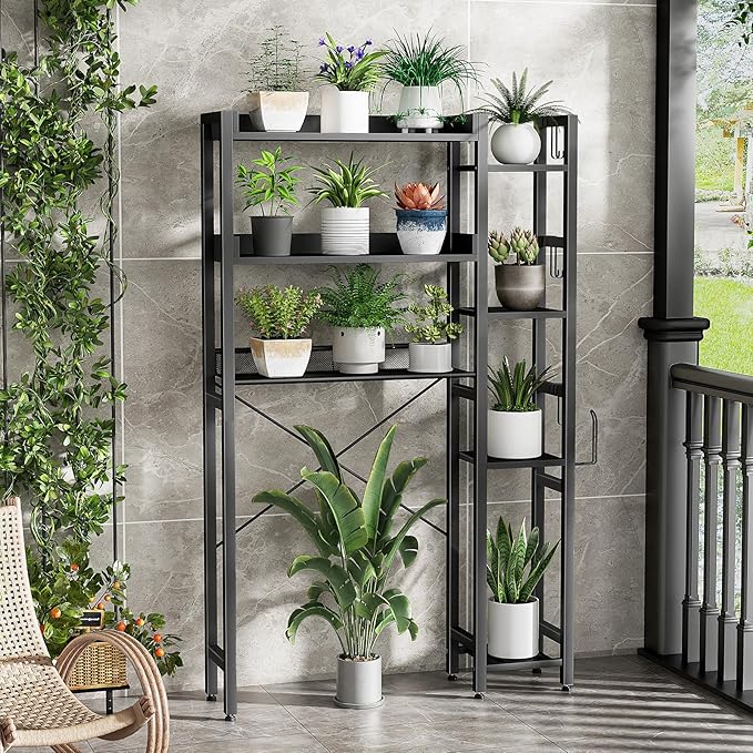 Housolution Over The Toilet Storage with 2 Drawers, 7 Tier Over Toilet Bathroom Organizer with Height Adjustable Shelves and Hooks, Space Saver Above Toilet for Bathroom/Restroom/Laundry, Black