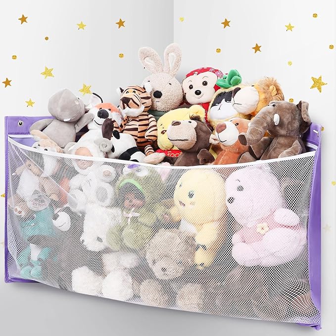 ANROYE Large Corner Stuffed Animal Storage, Kids Plushies Toy Purple Wall Hammock for Girls Room, Baby Squishmallow Holder for Nursery, Organizer Idea for Bear Hanging Display Boy Gift