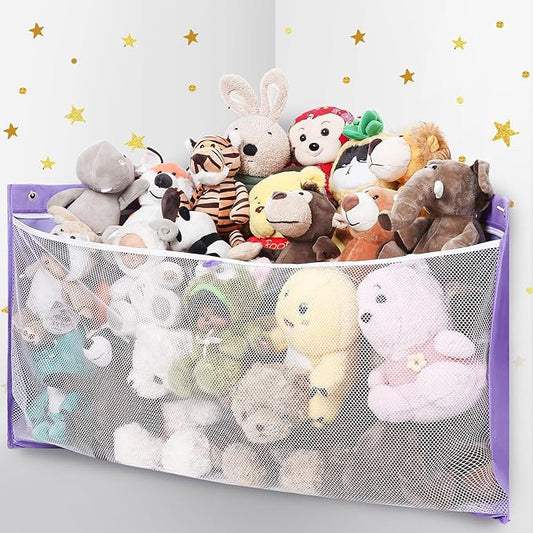 ANROYE Large Corner Stuffed Animal Storage, Kids Plushies Toy Purple Wall Hammock for Girls Room, Baby Squishmallow Holder for Nursery, Organizer Idea for Bear Hanging Display Boy Gift