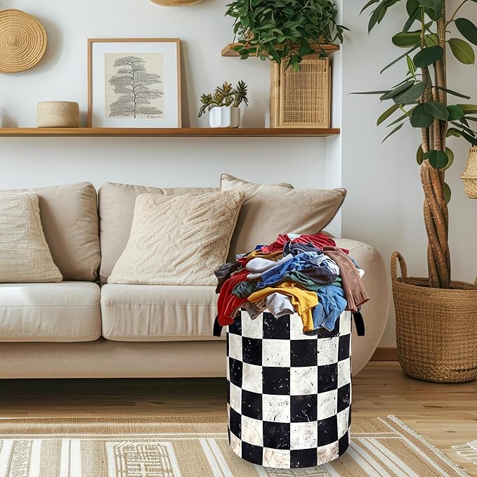 Funny White Checkered Laundry Basket Foldable Retro Black Squares Laundry Hamper With Handle Oxford Cloth Portable Clothes Storage Basket Laundry Bag 18.9"x16.5" For Laundry Room/Bedroom/Bathrooms