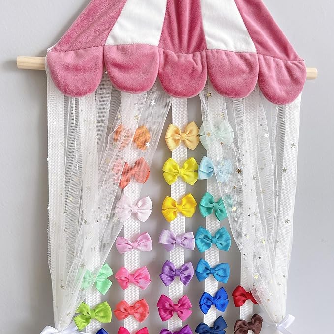 Hair Bows Organizer for Girls, Baby Headbands Hair Accessories Organizer Storage Wall Hanging Decor for Toddler Girls Room Gold Star Canopy Design, White Tulle Curtain Display(Pink)