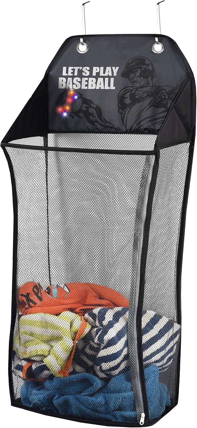 Store & Score Over The Door Hanging Kids Fun LED Baseball Light-Up Collapsible Mesh Laundry Hamper Basket, Toy Chest, Heavy Duty Metal Hooks Included. Patent Pending