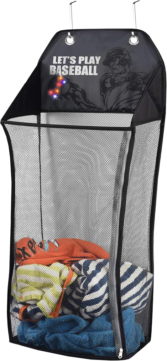 Store & Score Over The Door Hanging Kids Fun LED Baseball Light-Up Collapsible Mesh Laundry Hamper Basket, Toy Chest, Heavy Duty Metal Hooks Included. Patent Pending