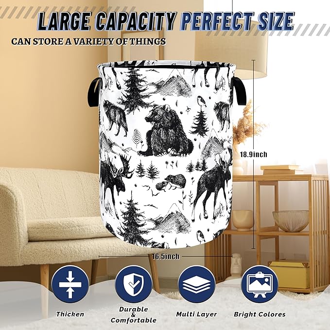 Bear Forest Deer Laundry Basket Foldable Black White Animal Laundry Hamper With Handle Oxford Cloth Portable Clothes Storage Basket Laundry Bag 18.9"x16.5" For Laundry Room/Bedroom/Bathrooms