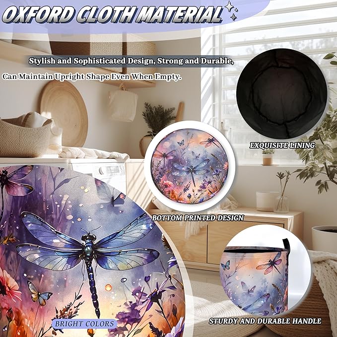 Colorful Dragonfly and Floral Laundry Basket Foldable Wild Flowers Laundry Hamper With Handle Oxford Cloth Portable Clothes Storage Basket Laundry Bag 18.9"x16.5" For Laundry Room/Bedroom/Bathrooms