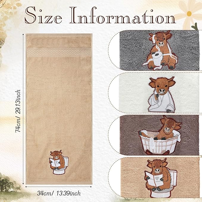 4 Pcs Highland Cow Bathroom Towels Cow Hand Face Wash Towels 29" x 13" Cotton Funny Embroidered Farmhouse Decorative Bathroom Decoration for Kitchen Accessories Housewarming