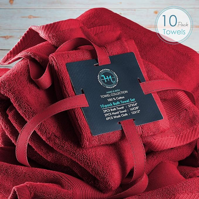 Hearth & Harbor Bath Towels for Bathroom - 100% Ring Spun Cotton Luxury Bathroom Towels - Ultra Soft & Highly Absorbent, Bath Towels Set of 10 - Burgundy Red
