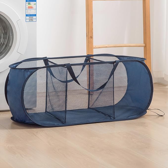 Mesh Laundry Hamper Basket, Sturdy 3 Compartments Laundry Basket, Foldable Pop up Laundry Hamper with Side Pocket for Laundry Room, Bathroom, Kids Room, College Dorm or Travel, Navy