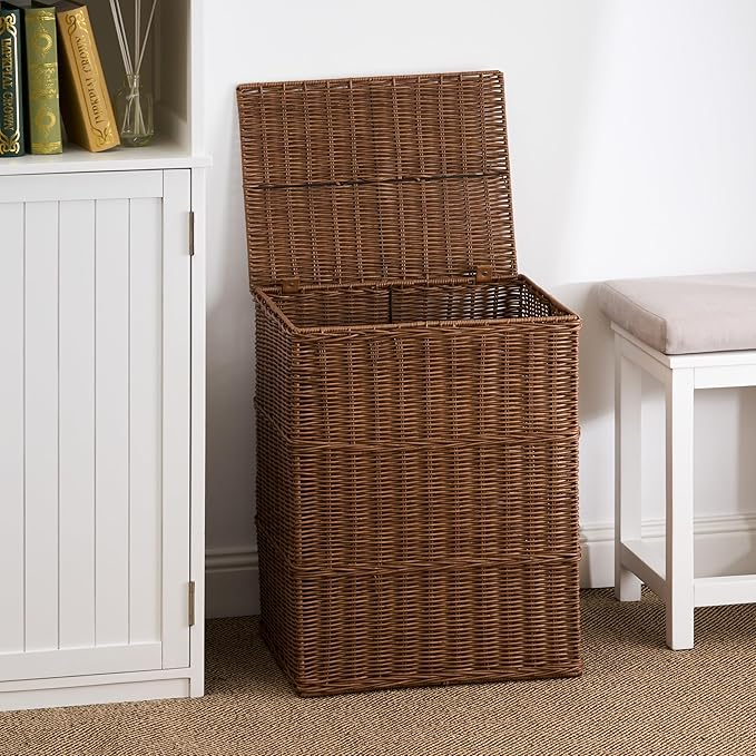 Joseph Rectangular Laundry Basket with Lid – Resin Wicker Hamper for Bedroom or Bathroom, Espresso Brown, 17"x24"
