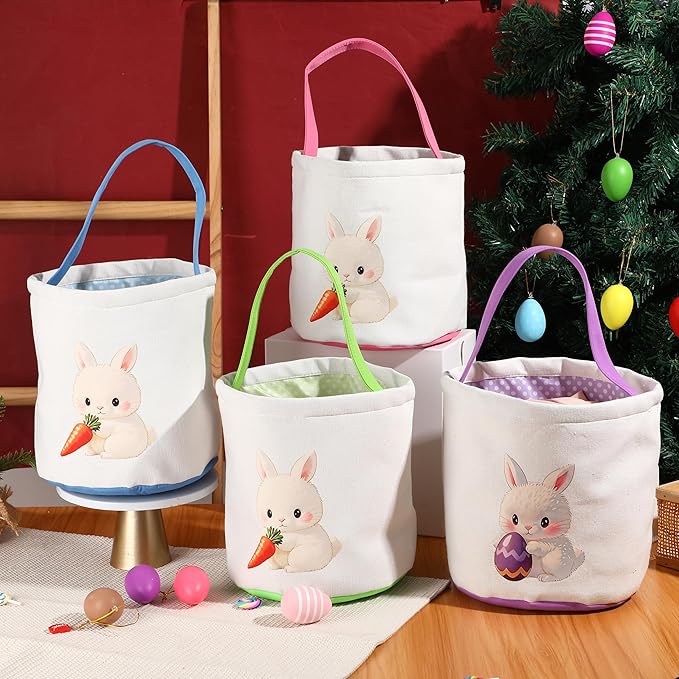 Easter Bunny Basket Bags,Canvas Cotton Easter Baskets for Kids Empty,Easter Bunny Basket,Perfect for Girls Boys Easter Egg Hunts,Easter Baskets for Kids