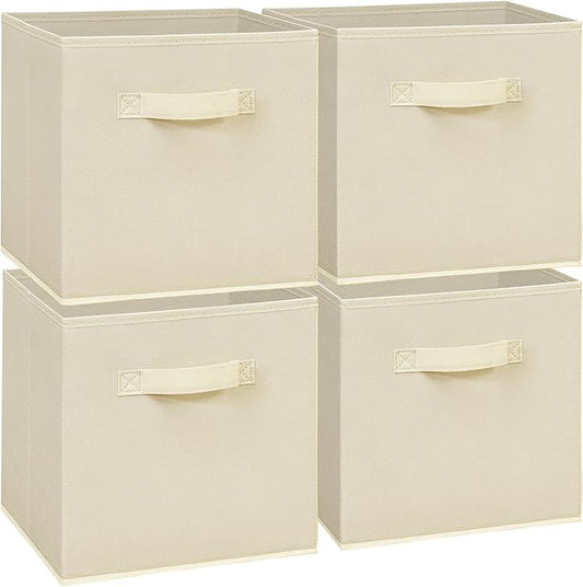 Easi 11 inch Cube Storage Bins, 4 Storage Cube Organizer, Collapsible Fabric storage cubes with Handles, Closet Storage Basket For Organization, Shelf Basket For Shelves Clothes Books, Beige