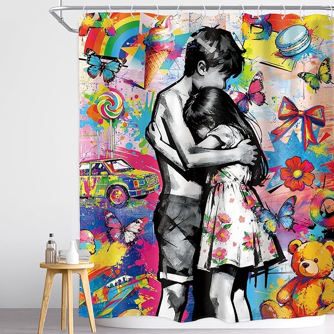 Homewelle Abstract Graffiti Shower Curtain Colorful Funny Toy Bear Floral Flower Butterfly Sweetness Boy Girl Hug Candy Sweet Creative 60Wx72H Inch Cartoon Waterproof Polyester Fabric Bathroom Bathtub