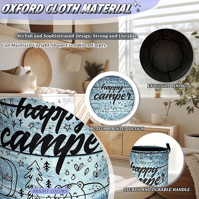 Retro Camping Printed Laundry Basket Foldable Bears Funny Laundry Hamper With Handle Oxford Cloth Portable Clothes Storage Basket Laundry Bag 18.9"x16.5" For Laundry Room/Bedroom/Bathrooms