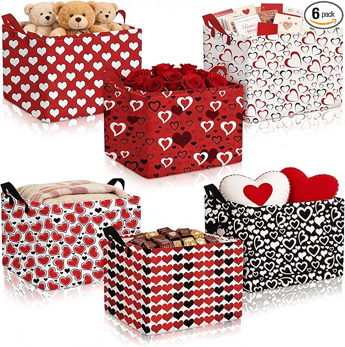 Youyole 6 Pcs Galentine's Day Gifts Basket Set Valentine's Day Storage Bins Red Heart Empty Gifts Basket Organizer with Love Pattern Valentine Decorative Container Box with Handle for Closet Shelf