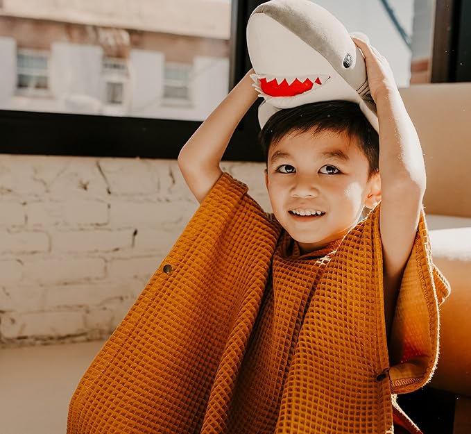 Jade&Kai Hooded Towel for Kids | Snaps into a Poncho | Organic Cotton Waffle | Lightweight and Absorbent | Bath, Beach, and Pool | Multiple Colors | (Large (6-10 Yrs), Mustard Seed)