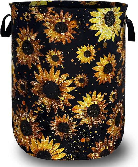 Beautiful Sunflower Laundry Basket Foldable Oxford Cloth Yellow Floral Laundry Hamper With Handle Portable Clothes Storage Organizer Basket 18.9"x16.5" Storage Bag For Laundry Room/Bathroom/Bedroom