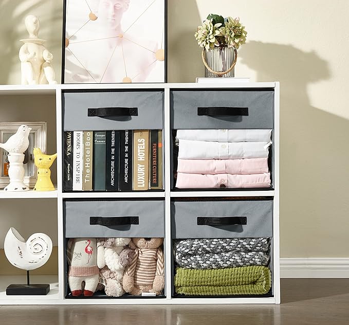 DECOMOMO Kallax Storage Cubes, 13x13x15 Storage Cube Bins with Window, Baskets for Organizing Shelves (Kallax / 4pcs, Grey)