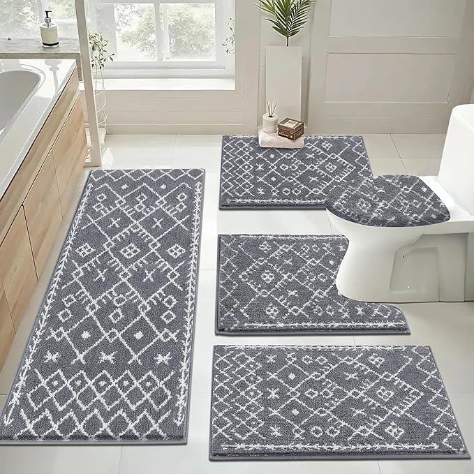 HEBE Bathroom Rugs Sets 5 Piece, Soft Absorbent Microfiber Bath Mat for Bathroom, Non Slip Washable Bath Rug Set with Toilet Cover, Bath Runner and U-Shaped Contour Toilet Rug, Dark Grey