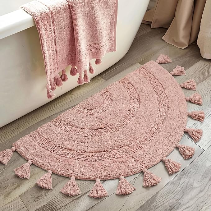 Half Circle Boho Rug with Tassels for Bedroom Extra Soft Cotton Blush Pink Bath Rugs Beautiful Handcrafted Crochet Boho Bathroom Rugs Non-Slip Absorbent Washable Cute Bath Mat for Bathroom Home Decor