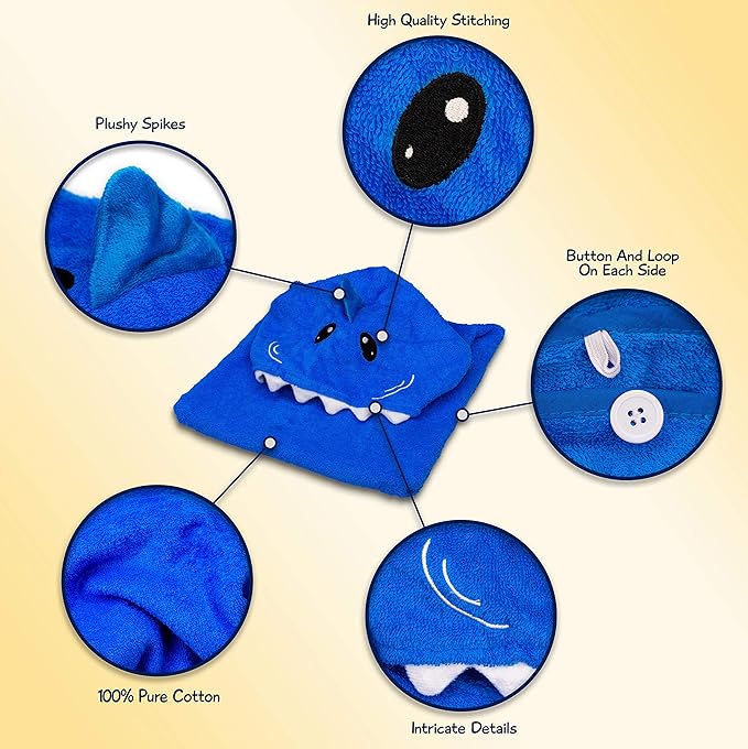 Hudz Kidz Premium Hooded Towel Poncho for Kids & Toddler - 100% Cotton (Blue Shark)