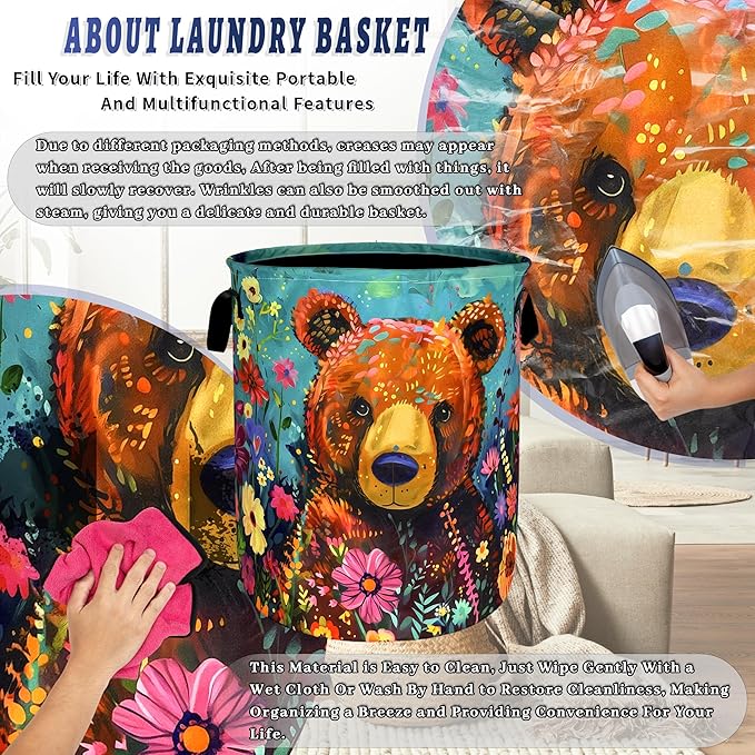 Bear Laundry Basket Oxford Cloth Foldable Colored Animal Flowers Laundry Hamper With Handle Portable Clothes Storage Organizer Basket 18.9x16.5 Inch Laundry Bag For Laundry Room/Bedroom/Bathroom