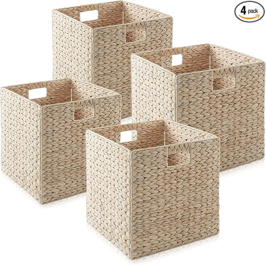 Casafield 13" x 13" Hyacinth Storage Baskets, Whitewash - Set of 4 Storage Organizers, Woven Wicker Cubes for Bathroom, Bedroom, Laundry, Shelves