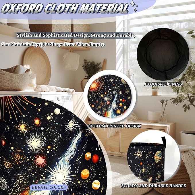 Colorful Planet Starry Sky Laundry Basket Foldable Galaxy Laundry Hamper With Handle Oxford Cloth Portable Clothes Storage Basket Laundry Bag 18.9"x16.5" For Laundry Room/Bedroom/Bathrooms