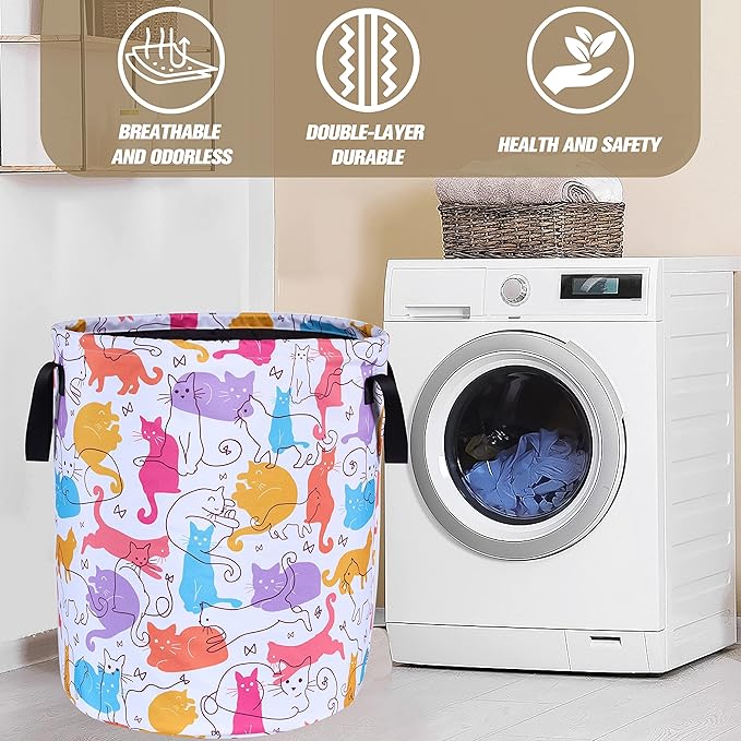 Cute Cat Laundry Basket Foldable Oxford Cloth Funny Tote Bag Laundry Hamper Clothes Storage Bucket Organizer For Bathroom/Laundry Storage/Bedroom Storage Basket 17.7x13.7 Inch