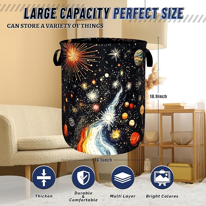 Colorful Planet Starry Sky Laundry Basket Foldable Galaxy Laundry Hamper With Handle Oxford Cloth Portable Clothes Storage Basket Laundry Bag 18.9"x16.5" For Laundry Room/Bedroom/Bathrooms