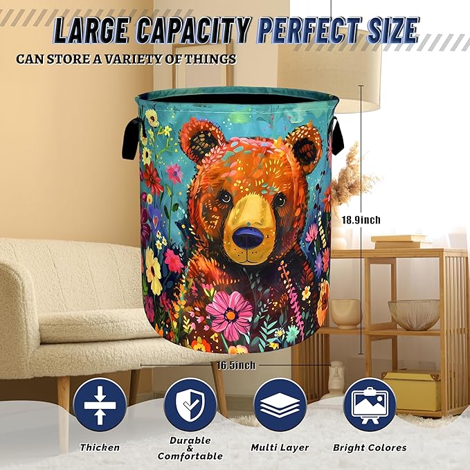 Bear Laundry Basket Oxford Cloth Foldable Colored Animal Flowers Laundry Hamper With Handle Portable Clothes Storage Organizer Basket 18.9x16.5 Inch Laundry Bag For Laundry Room/Bedroom/Bathroom