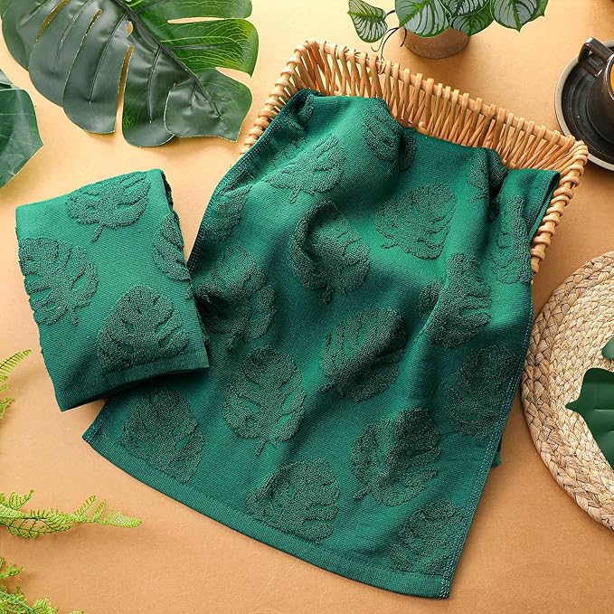2pcs Monstera Leaves Hand Towels for Bathroom 100% Cotton Jacquard Weave Bath Towel Absorbent Dish Washcloth for Bathroom Kitchen Beach Summer Plant Gifts 13.8 x 29.5 Inch (Dark Green)