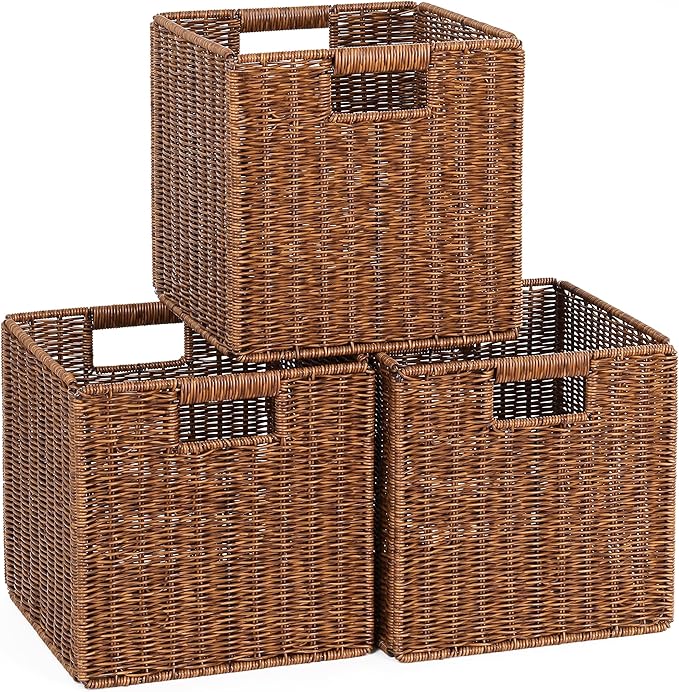 11X11X11in Brown Plastic Wicker Storage Basket, Foldable Cube Woven Storage Basket for Shelves, 11x11 Cube Storage Bins Set of 3, Wicker Storage Baskets for Laundry Nursery Room